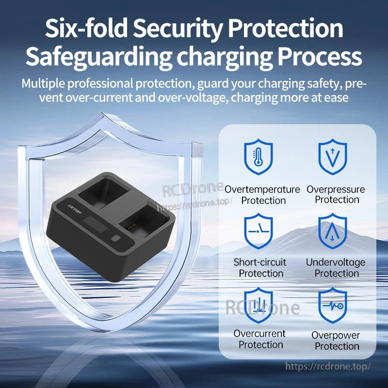 DJI WB37 Charging Hub, Six-fold protection—overtemperature, overpressure, short-circuit, undervoltage, overcurrent, overpower—ensures safe, reliable battery charging.