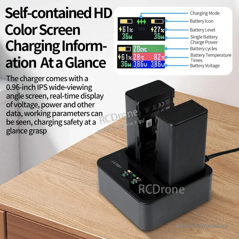 DJI WB37 Charging Hub, HD 0.96" IPS screen displays real-time battery data and status for two charging batteries, ensuring safe, efficient monitoring.