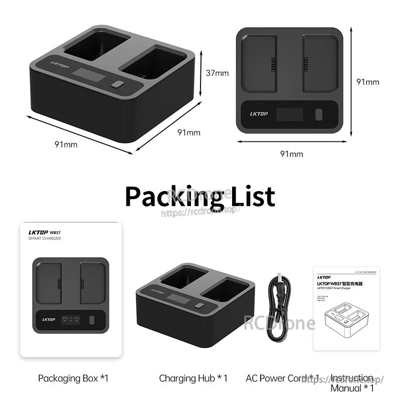 DJI WB37 Charging Hub, LKTOP WB37 smart charger (91x91x37mm) includes hub, cord, box, manual; charges two batteries.