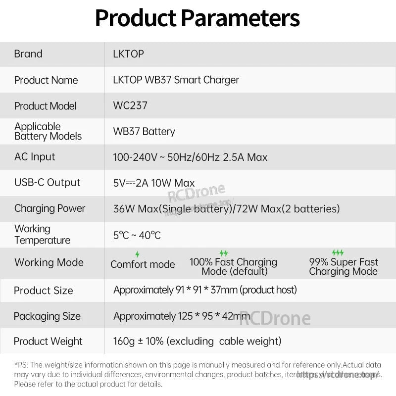 DJI WB37 Charging Hub, LKTOP WB37 Smart Charger (WC237) supports WB37 batteries, offers 36W/72W charging, USB-C output, and three speed modes; operates 5°C–40°C.