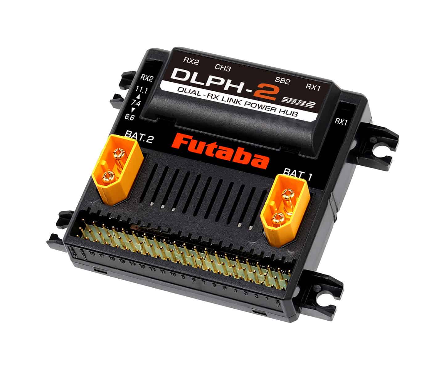 Futaba DLPH-2 Dual Link Power Hub angled view with BAT1/BAT2 terminals and multi-pin output header