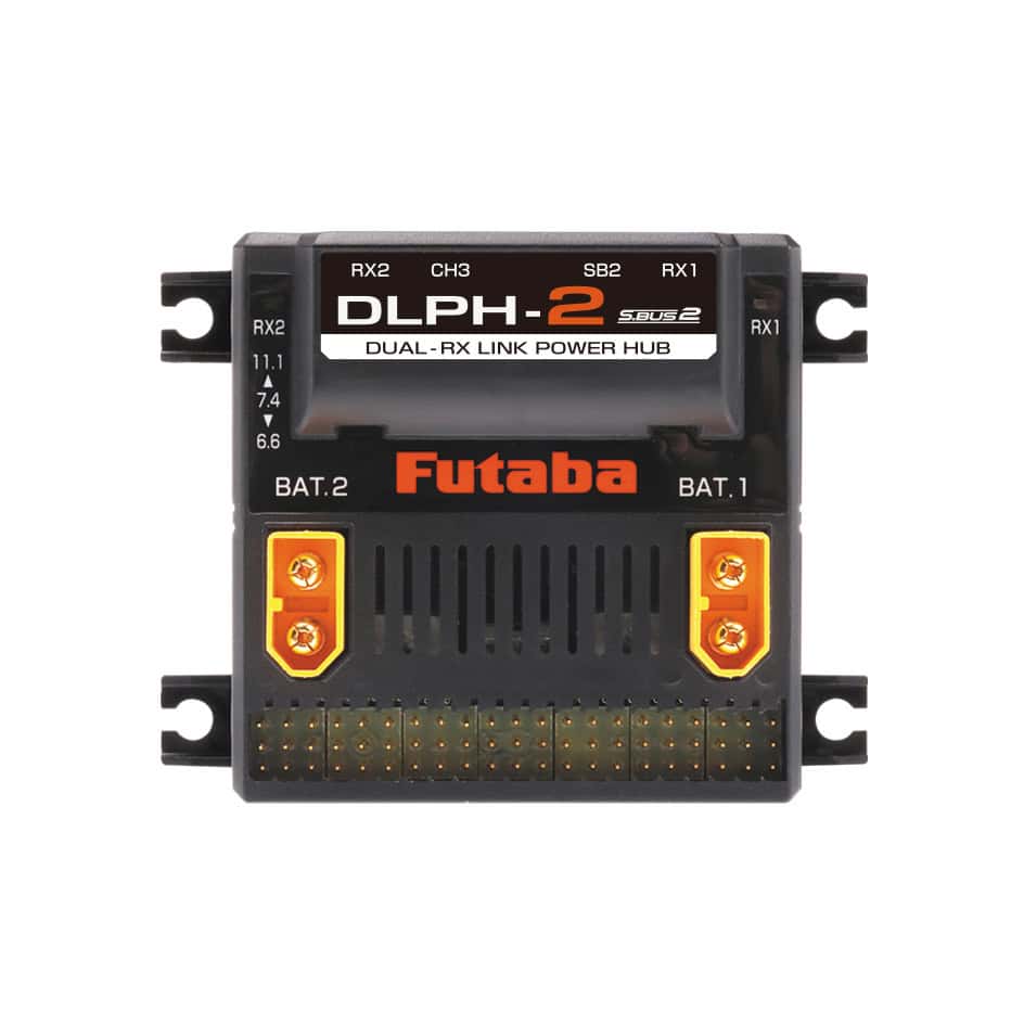 Top view of Futaba DLPH-2 dual link power hub showing RX1/RX2 ports, SB2/CH3 labels, and battery inputs