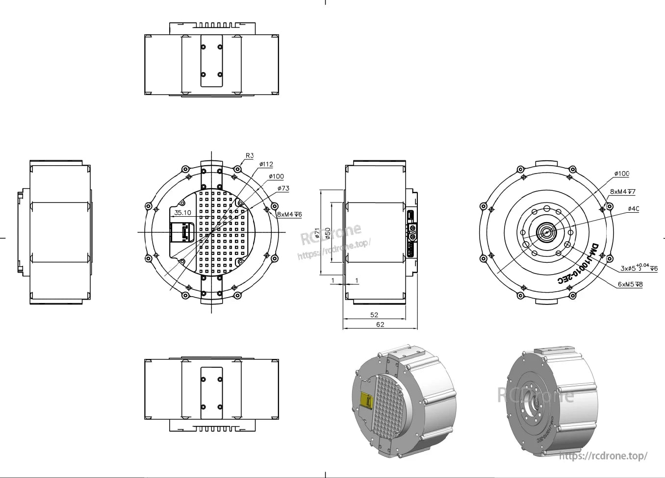 Dibujo técnico del motor DM-J10010-2EC que muestra dimensiones, orificios de montaje y vistas en 3D para instalación y referencia.