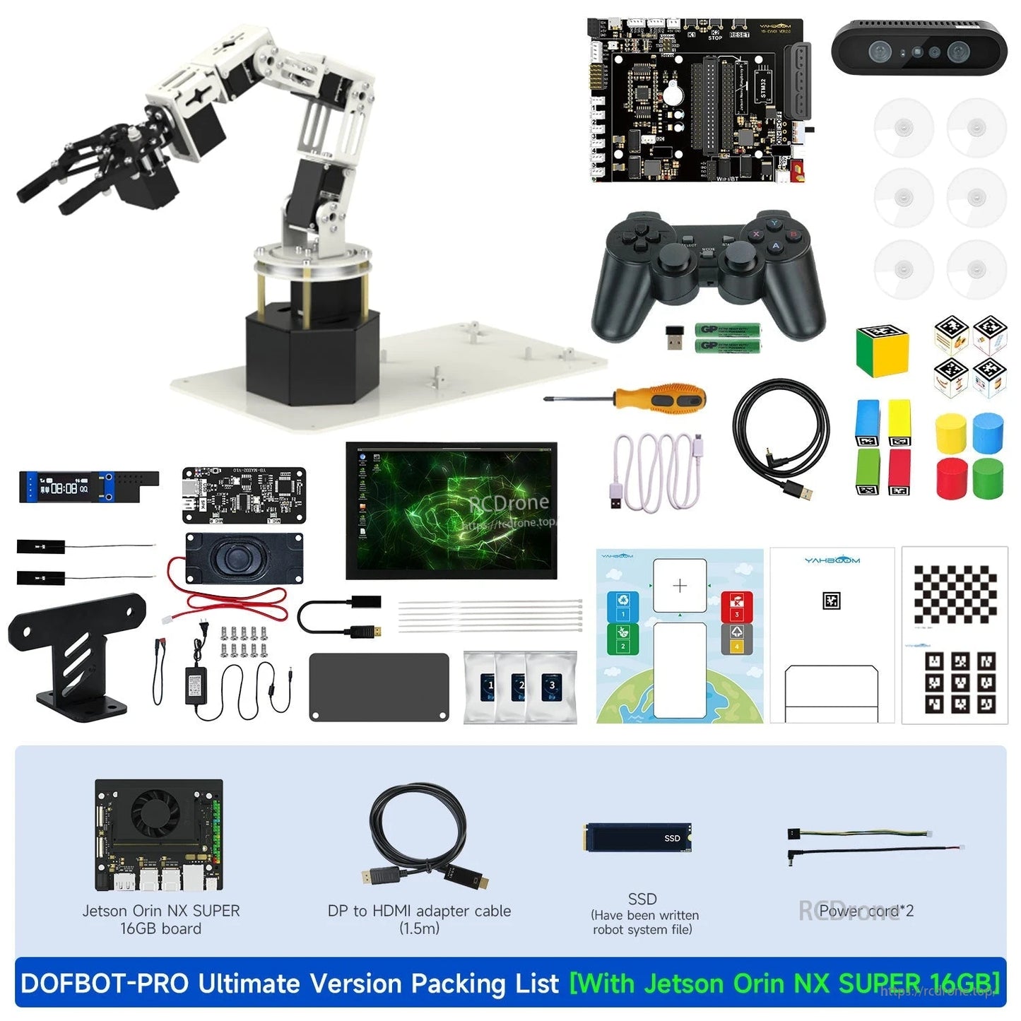 DOFBOT Pro robotic arm kit packing list with 6-DOF arm, Jetson Orin NX SUPER board, depth camera, cables and tools