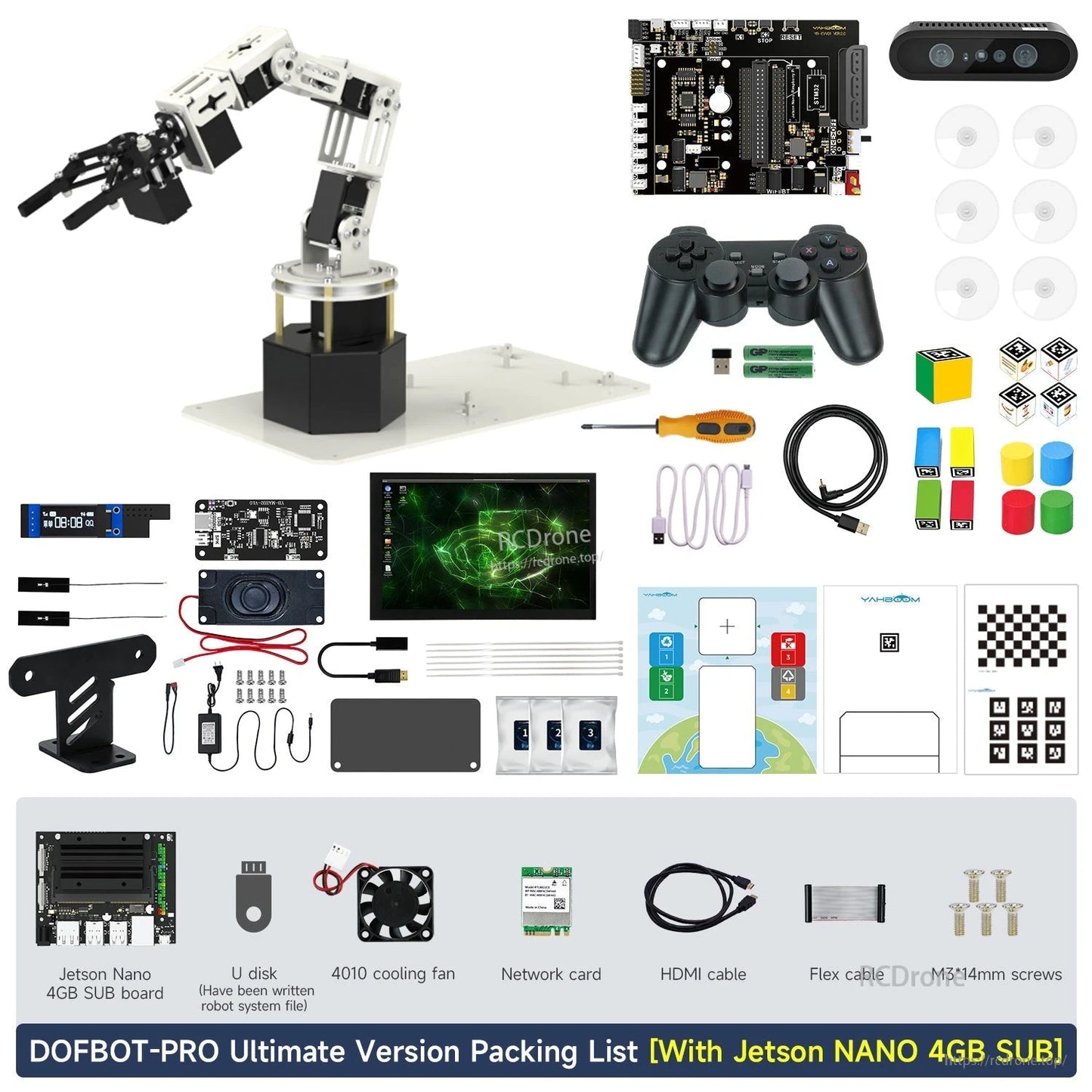 DOFBOT Pro 6-DOF robotic arm kit packing list with Jetson Nano 4GB board, cameras, gamepad, cables, and tools