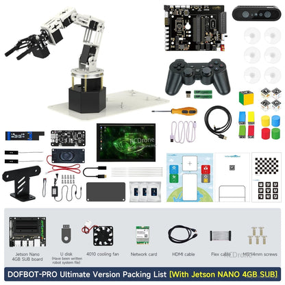 DOFBOT Pro 6-DOF robotic arm kit packing list with Jetson Nano 4GB board, cameras, gamepad, cables, and tools