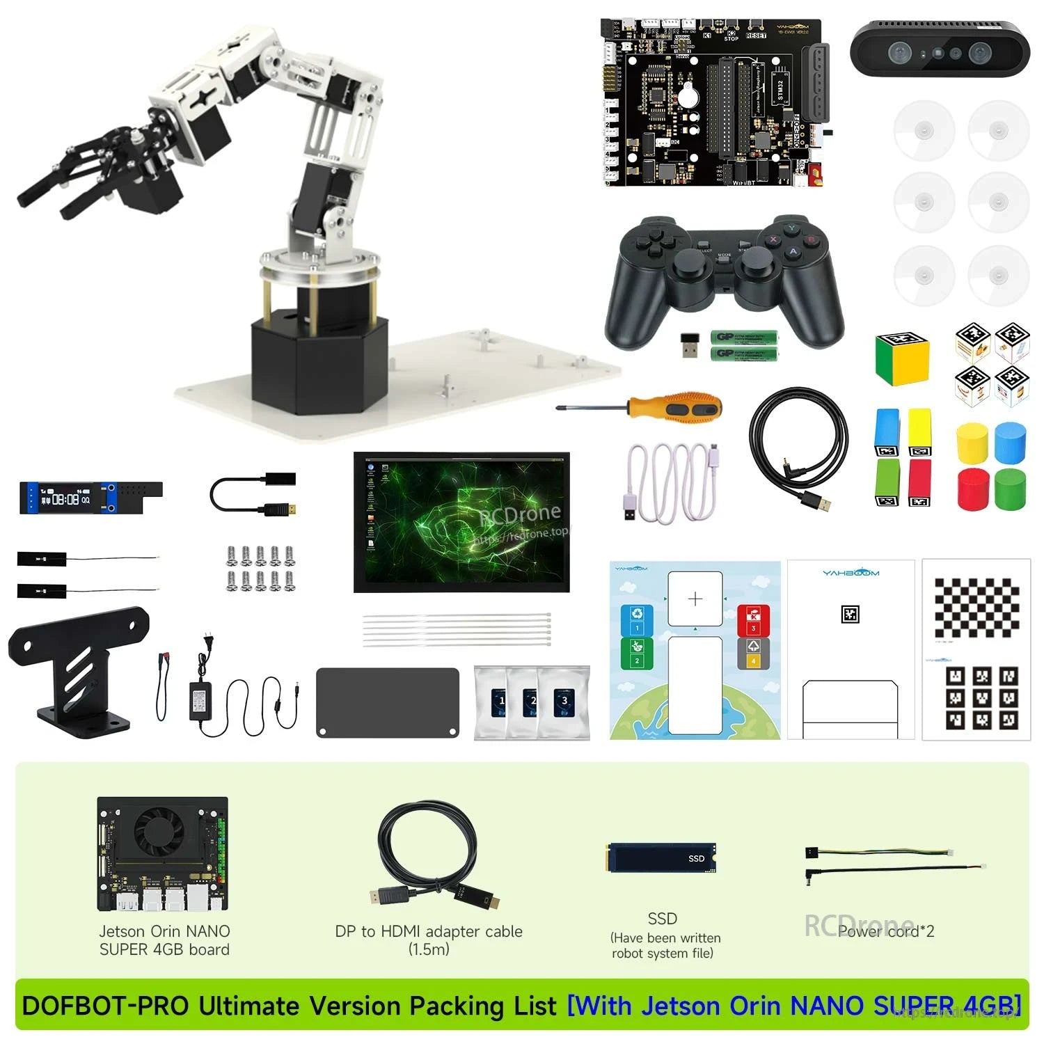 DOFBOT-PRO ultimate version packing list with Jetson Orin Nano SUPER 4GB board plus cables and SSD shown