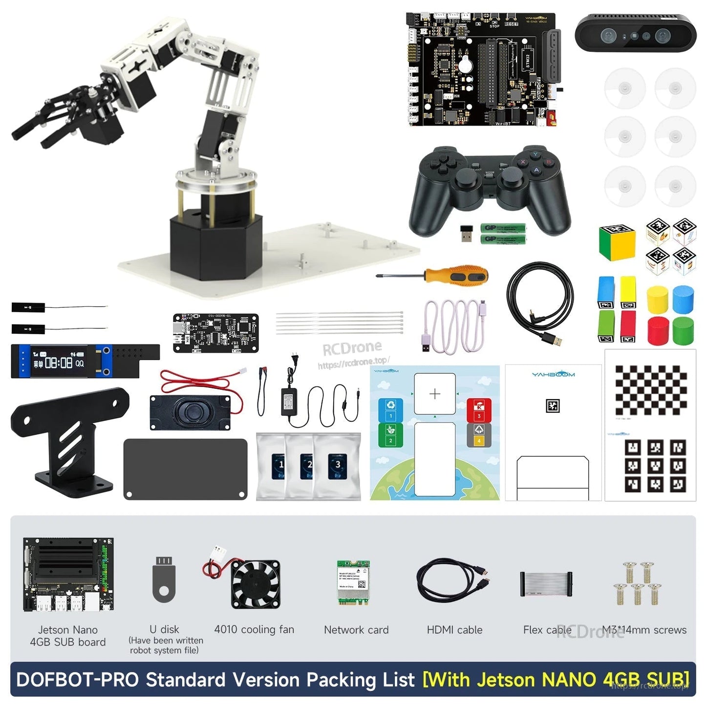 DOFBOT Pro 6-DOF robotic arm kit packing list with Jetson Nano 4GB board, depth camera, controller, cables and tools