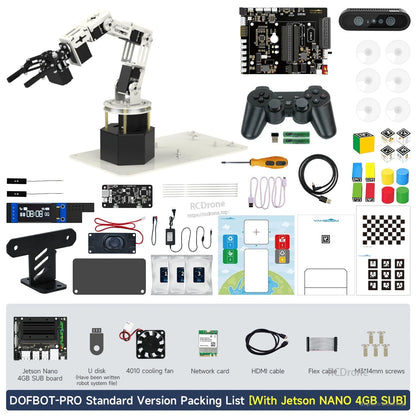 DOFBOT Pro 6-DOF robotic arm kit packing list with Jetson Nano 4GB board, depth camera, controller, cables and tools