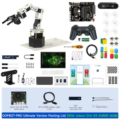 DOFBOT Pro 6-DOF robotic arm kit packing list with Jetson Orin NX SUPER board, depth camera, controller, cables and tools