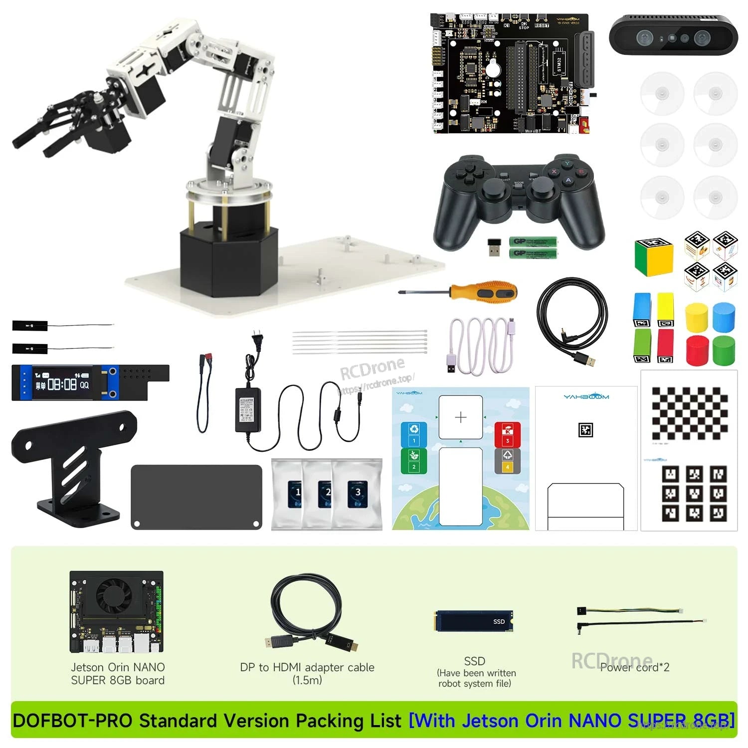 DOFBOT-PRO standard version packing list with Jetson Orin Nano SUPER 8GB board plus cables and SSD shown