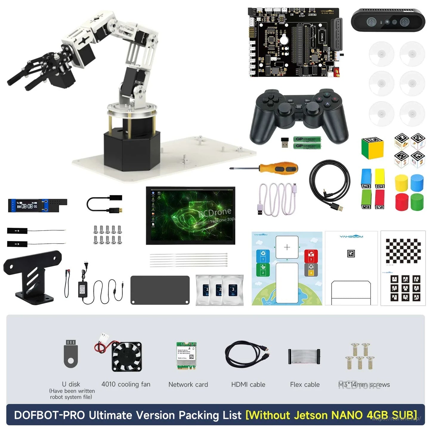 DOFBOT Pro 6-DOF robotic arm kit packing list with arm, depth camera, controller, cables, tools, and accessories