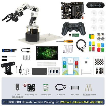 DOFBOT Pro 6-DOF robotic arm kit packing list with arm, depth camera, controller, cables, tools, and accessories