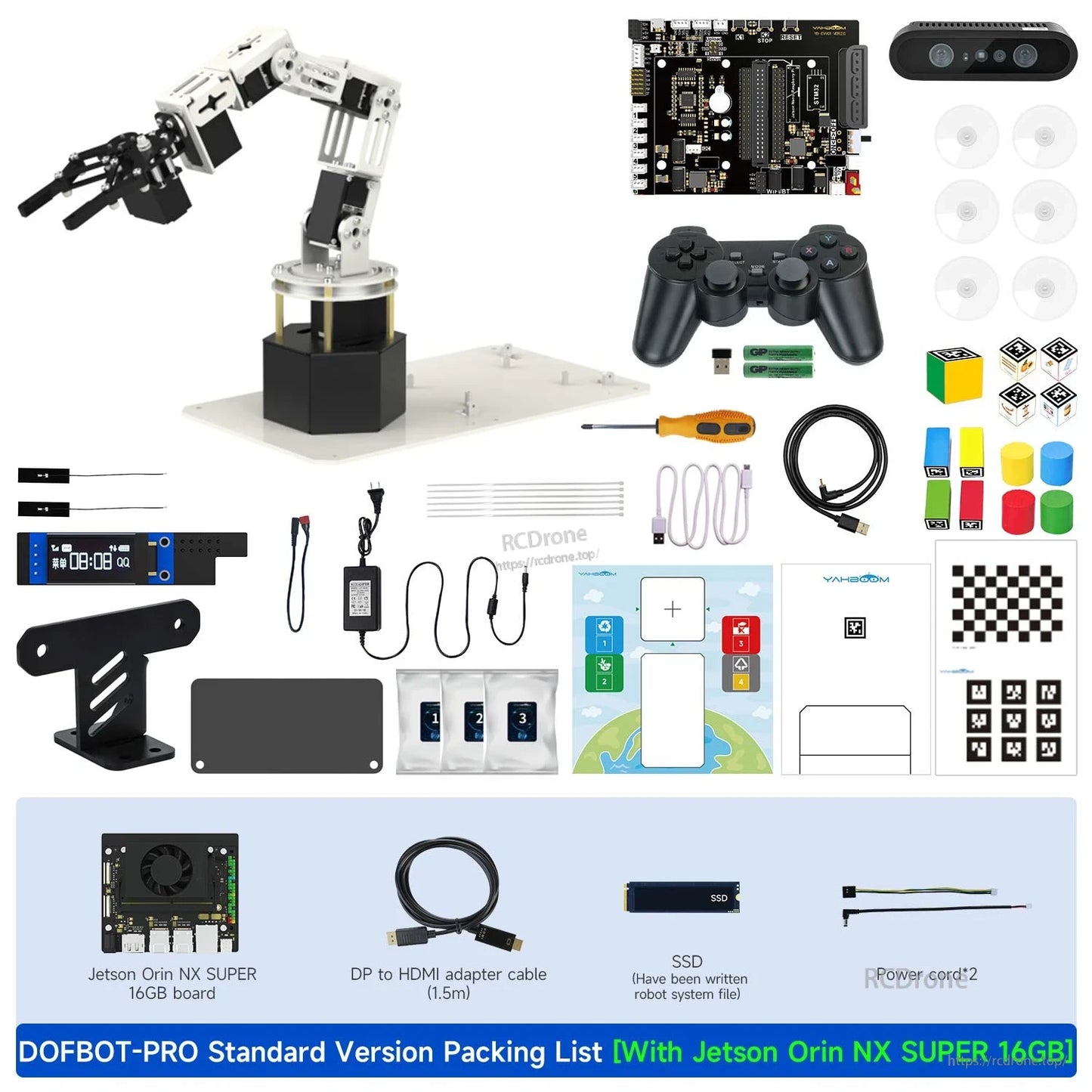 DOFBOT-PRO standard version packing list with Jetson Orin NX SUPER 16GB board plus cables and SSD shown