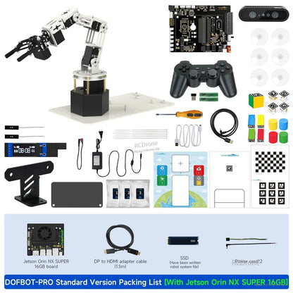 DOFBOT-PRO standard version packing list with Jetson Orin NX SUPER 16GB board plus cables and SSD shown