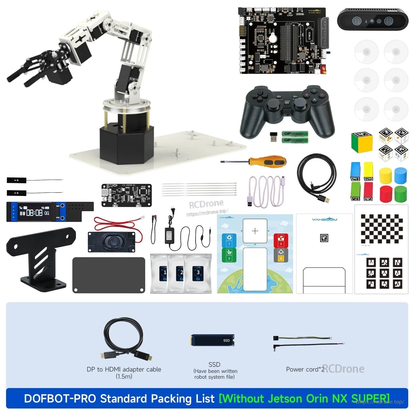 DOFBOT Pro robotic arm kit with base, controller board, depth camera, gamepad, tools, cables and markers