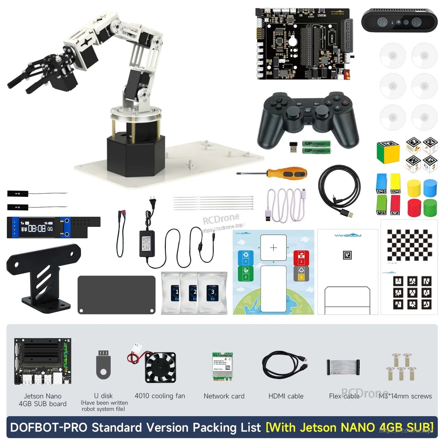 DOFBOT-PRO standard version packing list with Jetson Nano 4GB: arm kit, controller board, camera, cables, tools