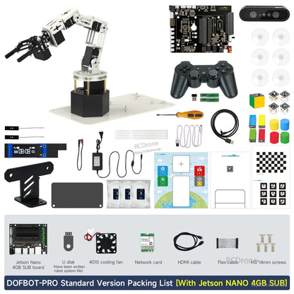 DOFBOT-PRO standard version packing list with Jetson Nano 4GB: arm kit, controller board, camera, cables, tools