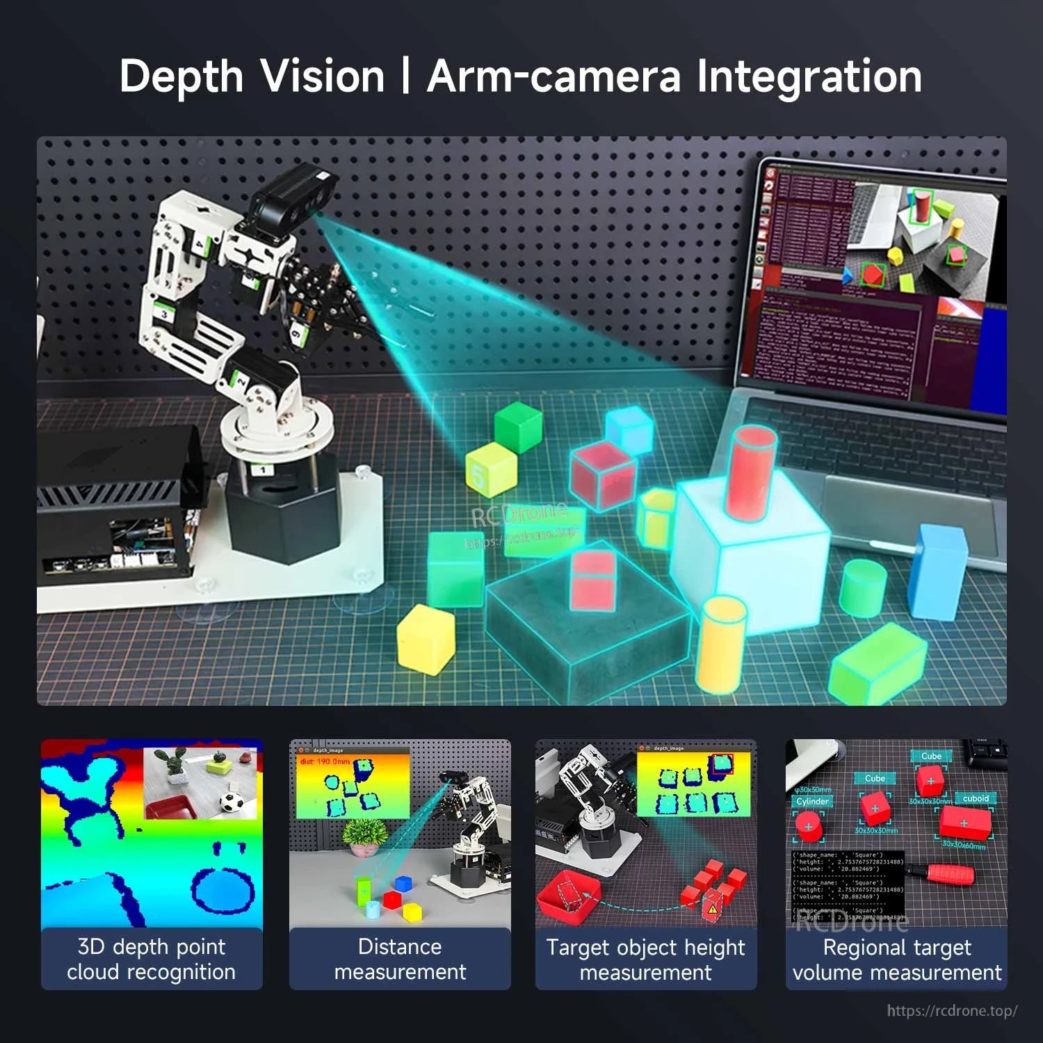 Depth vision arm-camera integration demo with point cloud and object measurement examples on desk setup