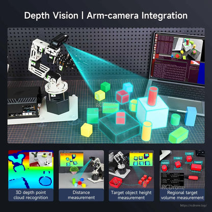 Depth vision arm-camera integration demo with point cloud and object measurement examples on desk setup