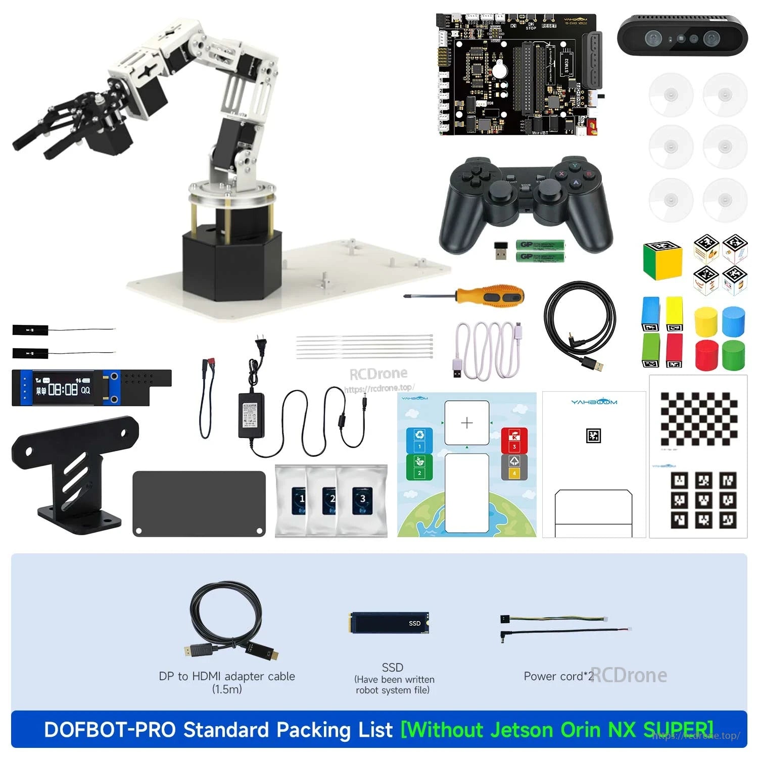 DOFBOT-PRO standard packing list without Jetson Orin NX SUPER board, showing included parts and accessories