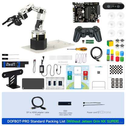 DOFBOT-PRO standard packing list without Jetson Orin NX SUPER board, showing included parts and accessories