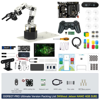 DOFBOT Pro robotic arm kit layout with 6-DOF arm, control board, depth camera, gamepad, and cables