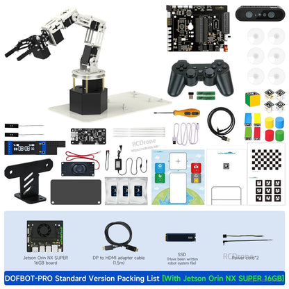 DOFBOT Pro 6-DOF robotic arm kit with Jetson Orin NX SUPER 16GB, depth camera, controller board, gamepad, and cables
