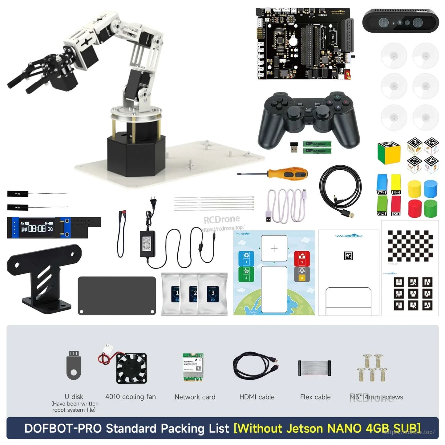 DOFBOT Pro 6-DOF robotic arm kit packing list with control board, depth camera, gamepad, cables, fan and screws