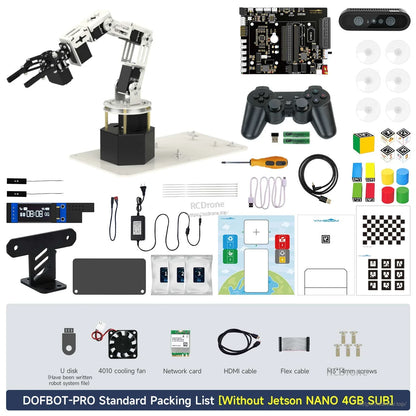 DOFBOT Pro 6-DOF robotic arm kit packing list with control board, depth camera, gamepad, cables, fan and screws