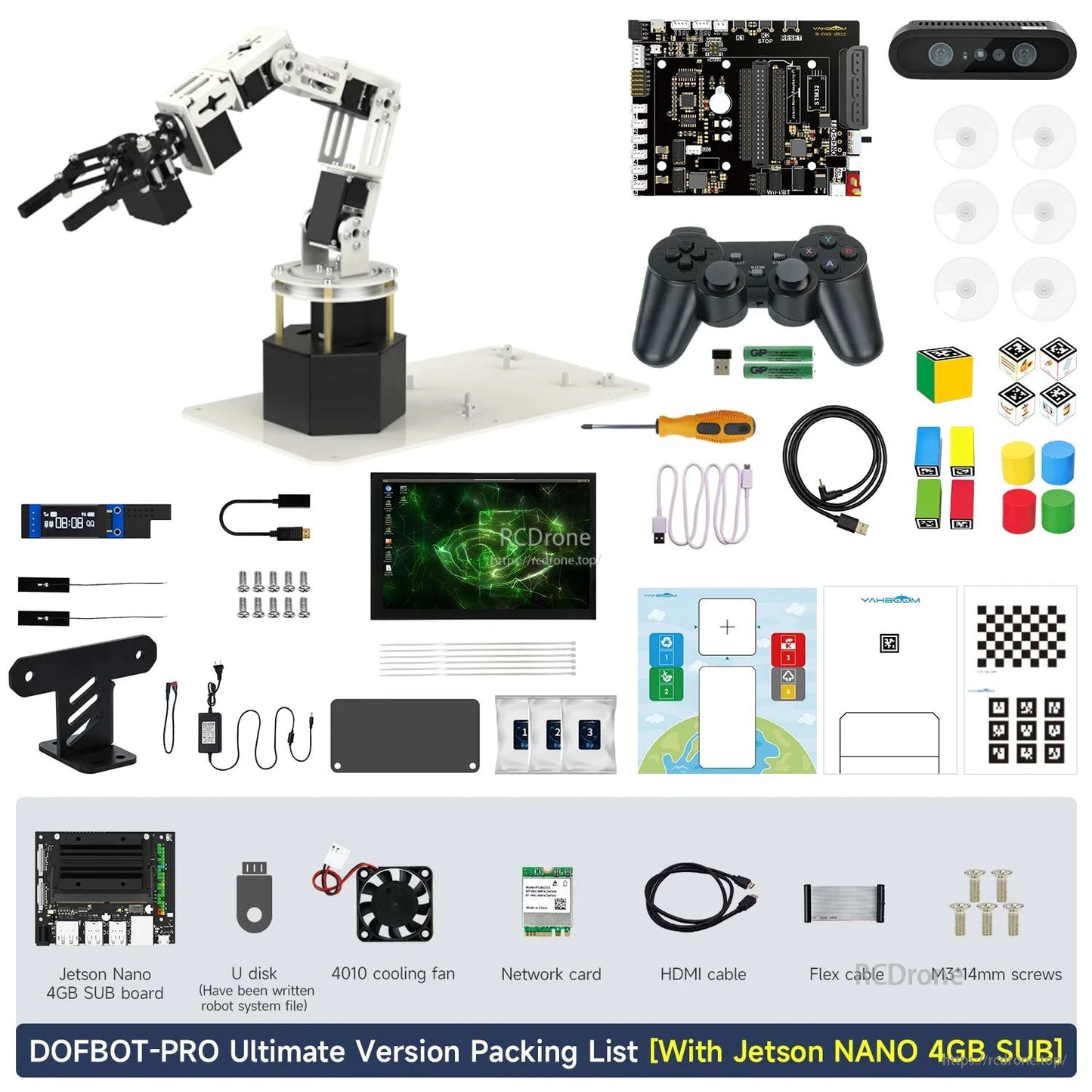 DOFBOT-PRO ultimate version packing list with Jetson Nano 4GB: adds 10.1-inch screen plus accessories and tools