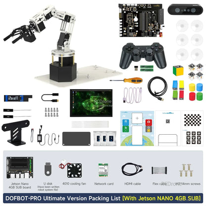 DOFBOT-PRO ultimate version packing list with Jetson Nano 4GB: adds 10.1-inch screen plus accessories and tools