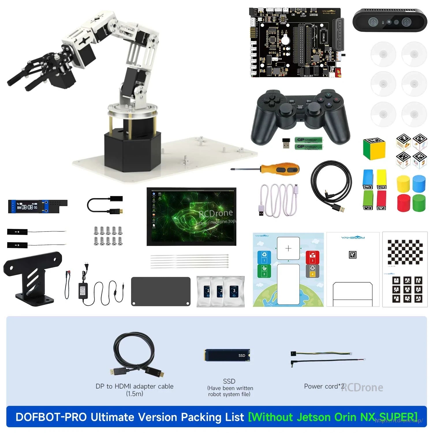 DOFBOT-PRO ultimate version packing list without Jetson Orin NX SUPER, showing 10.1-inch screen and accessories