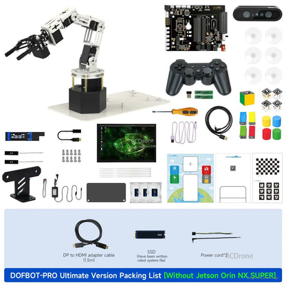 DOFBOT-PRO ultimate version packing list without Jetson Orin NX SUPER, showing 10.1-inch screen and accessories