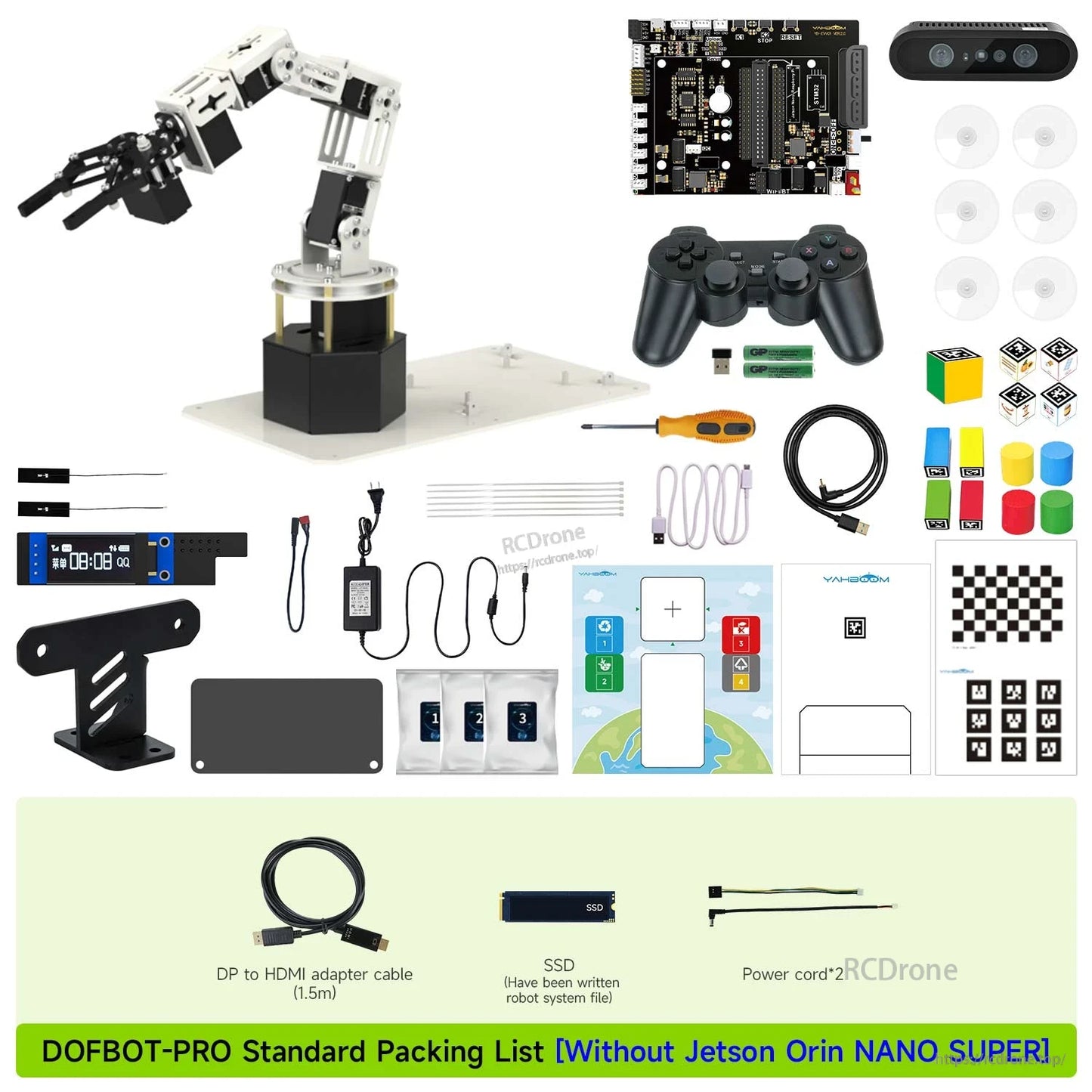 DOFBOT-PRO standard packing list without Jetson Orin Nano SUPER board, showing included parts and accessories