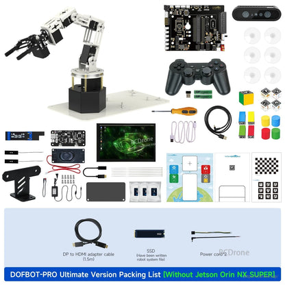 DOFBOT Pro 6-DOF robotic arm kit packing list with controller board, depth camera, gamepad, cables and tools