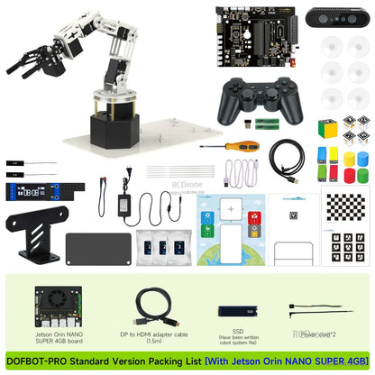 DOFBOT-PRO standard version packing list with Jetson Orin Nano SUPER 4GB board plus cables and SSD shown