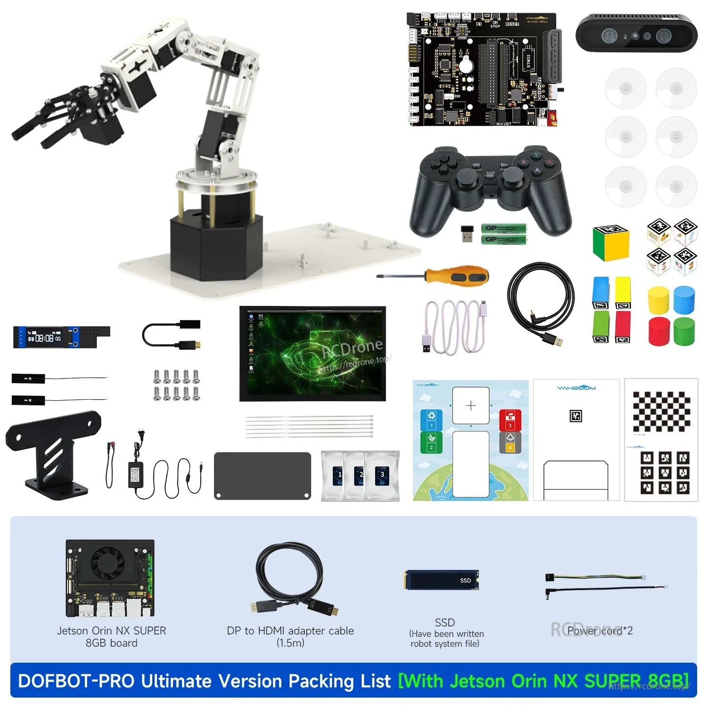 DOFBOT Pro 6-DOF robotic arm kit packing list with Jetson Orin NX SUPER 8GB, controller, cables and accessories