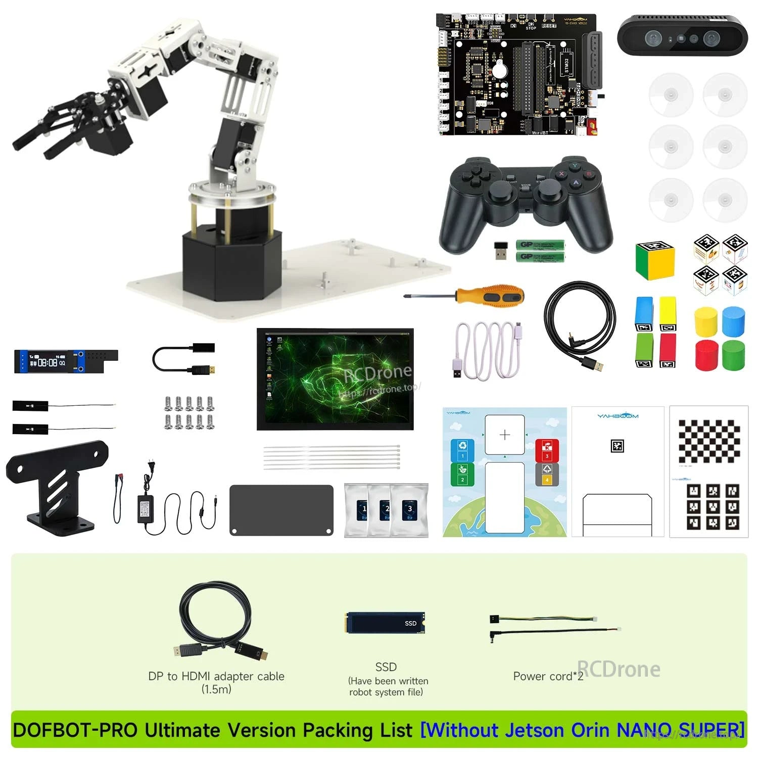 DOFBOT-PRO ultimate version packing list without Jetson Orin Nano SUPER, showing 10.1-inch screen and accessories