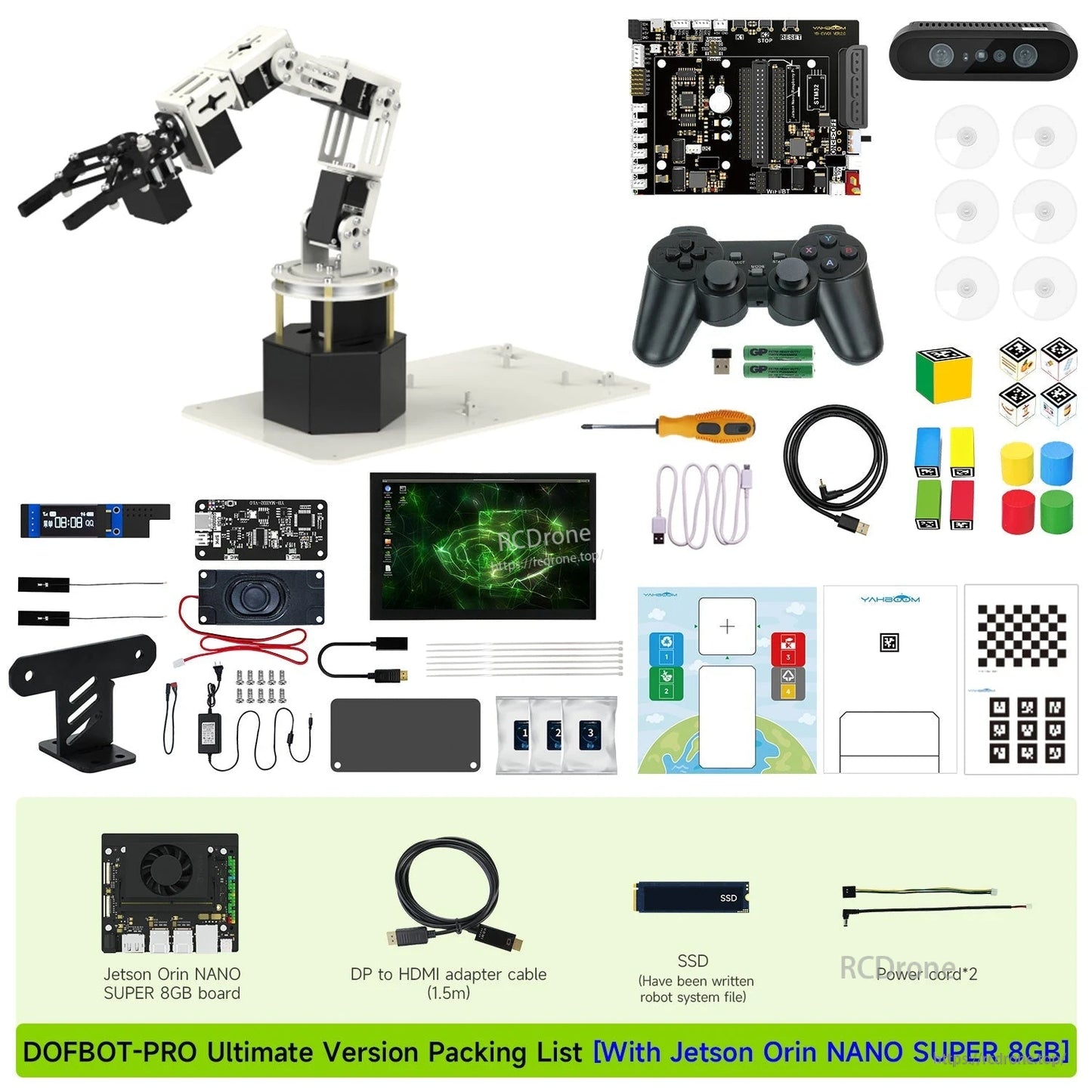 DOFBOT Pro 6‑DOF robotic arm kit packing list with Jetson Orin Nano SUPER 8GB board, camera, controller and cables