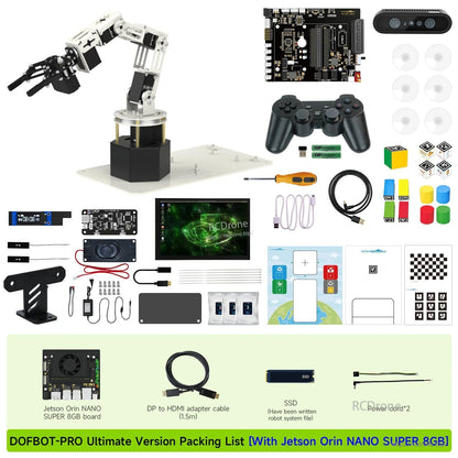 DOFBOT Pro 6‑DOF robotic arm kit packing list with Jetson Orin Nano SUPER 8GB board, camera, controller and cables