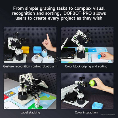 DOFBOT Pro robotic arm vision application examples: gesture control, color block sorting, label stacking, interaction
