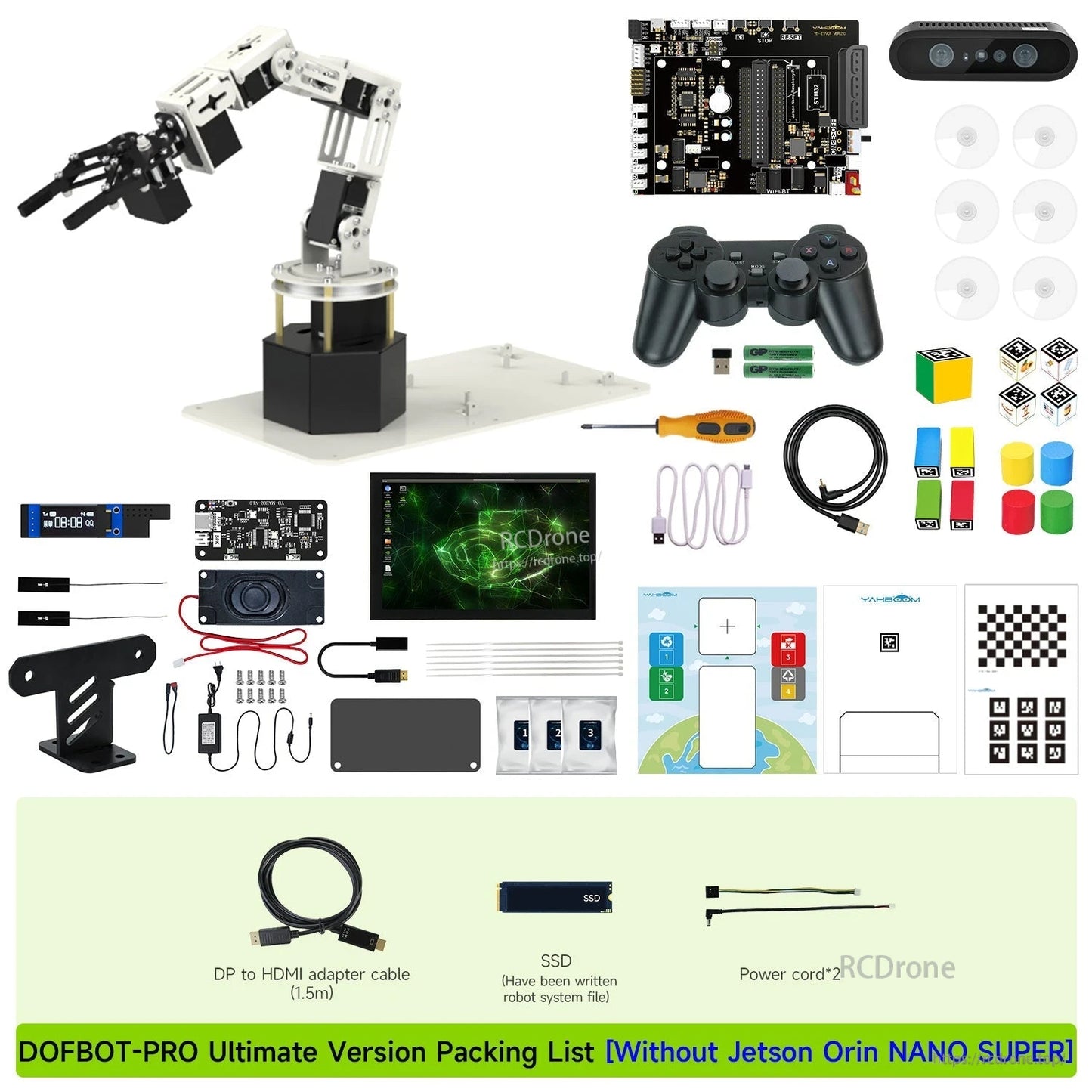 DOFBOT Pro 6-DOF depth vision robotic arm kit packing list with arm, camera, controller, cables, and tools
