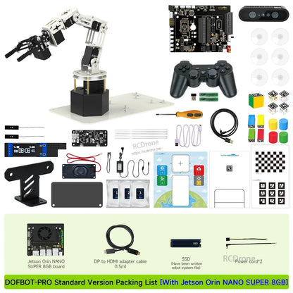 DOFBOT Pro 6-DOF robotic arm kit with Jetson Orin Nano SUPER board, depth camera, controller, cables and tools
