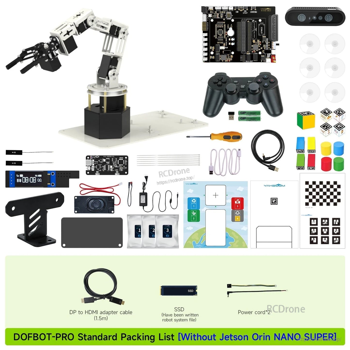 DOFBOT Pro robotic arm kit with depth camera, controller, cables, tools, and standard packing list components