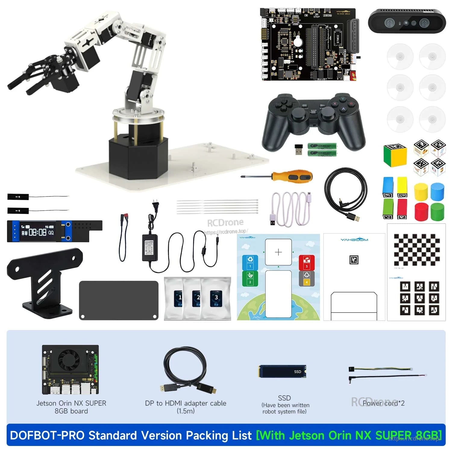 DOFBOT-PRO standard version packing list with Jetson Orin NX SUPER 8GB board plus cables and SSD shown