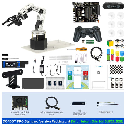 DOFBOT-PRO standard version packing list with Jetson Orin NX SUPER 8GB board plus cables and SSD shown