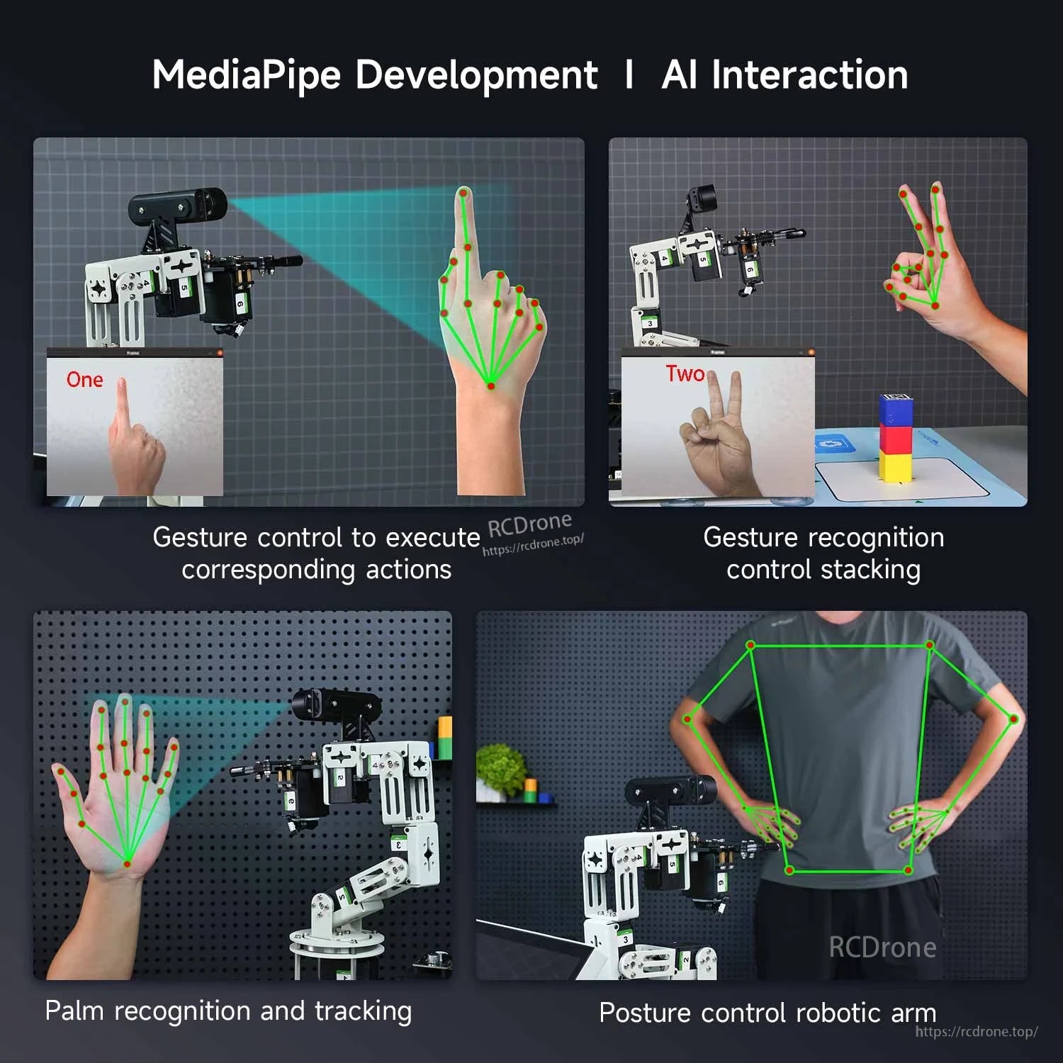 MediaPipe AI interaction demos with hand tracking and posture control driving robotic arm actions