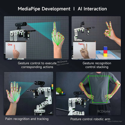 MediaPipe AI interaction demos with hand tracking and posture control driving robotic arm actions
