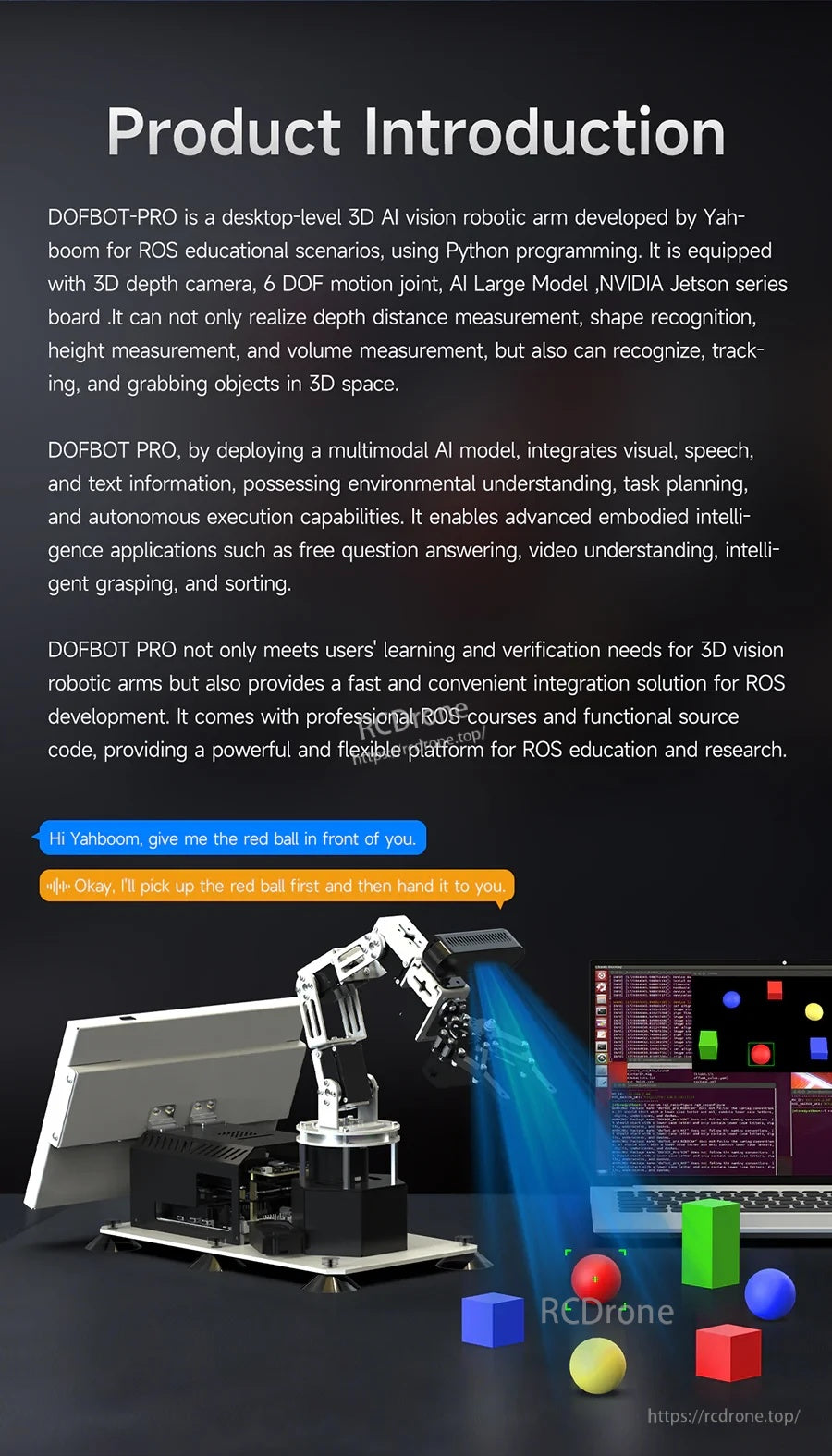 DOFBOT-PRO product introduction poster explaining ROS education focus and 3D depth sensing capabilities